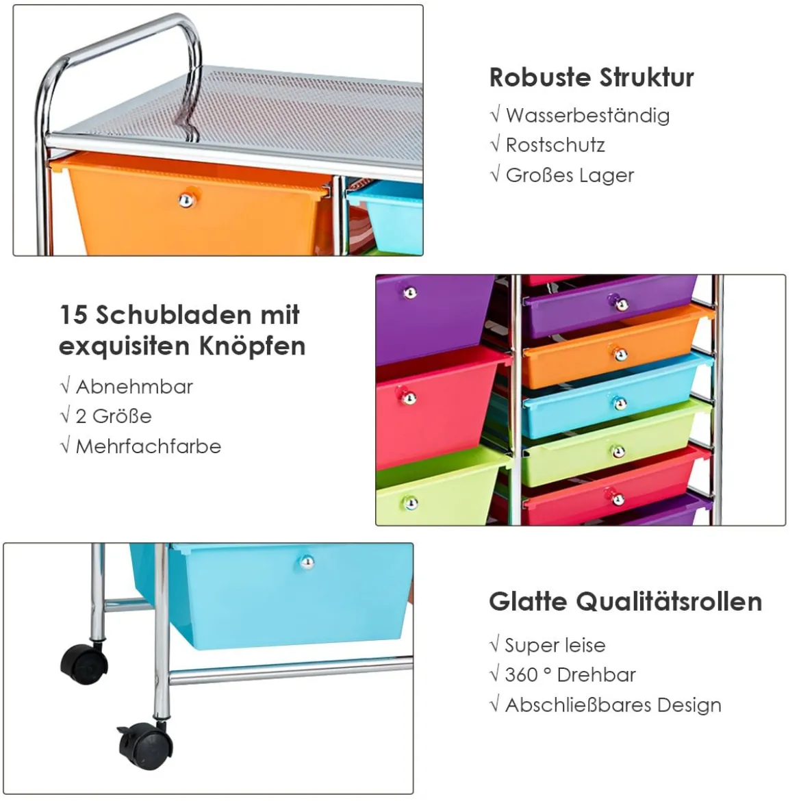 Rollwagen mit 15 stapelbaren Schubladen Rollcontainer Beistellwagen mit 15 Schubladen