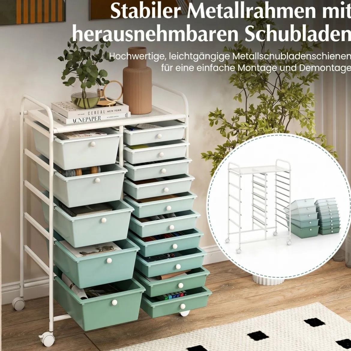 Rollwagen mit 15 stapelbaren Schubladen Rollcontainer Beistellwagen mit 15 Schubladen