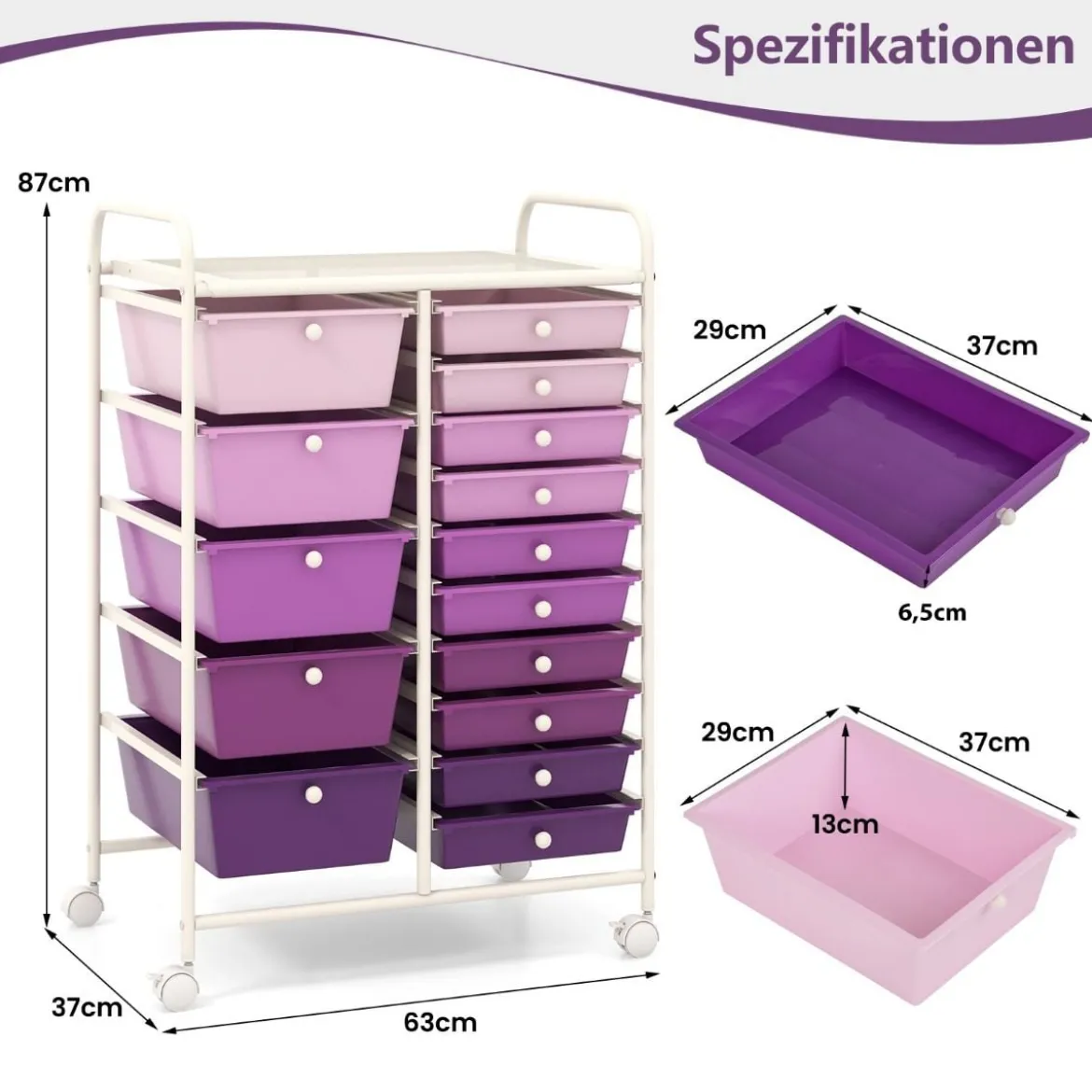 Rollwagen mit 15 stapelbaren Schubladen Rollcontainer Beistellwagen mit 15 Schubladen
