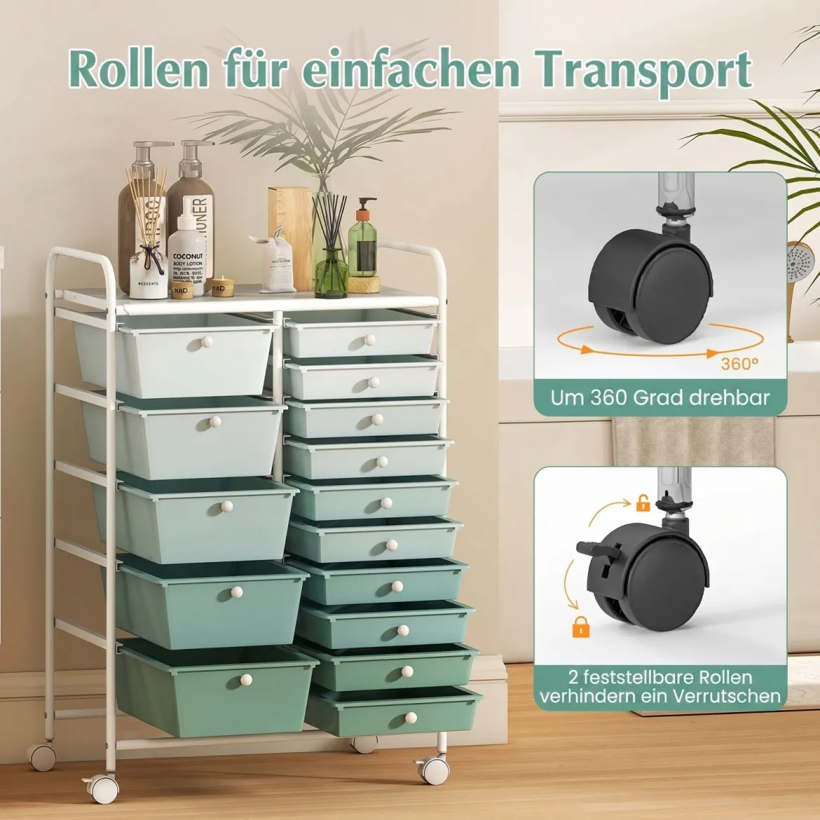 Rollwagen mit 15 stapelbaren Schubladen Rollcontainer Beistellwagen mit 15 Schubladen