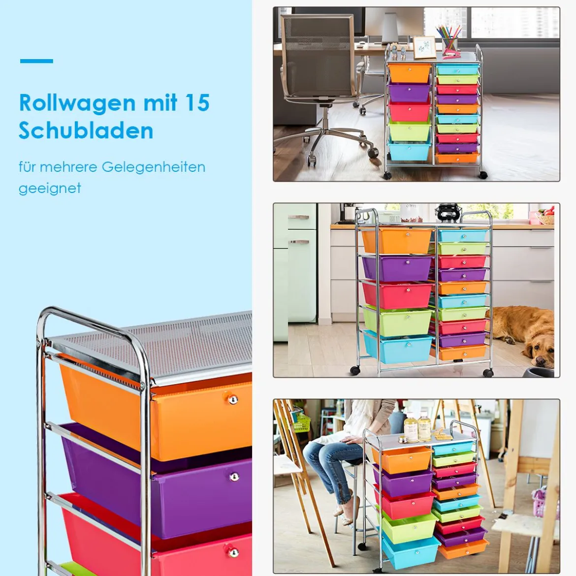 Rollwagen mit 15 stapelbaren Schubladen Rollcontainer Beistellwagen mit 15 Schubladen