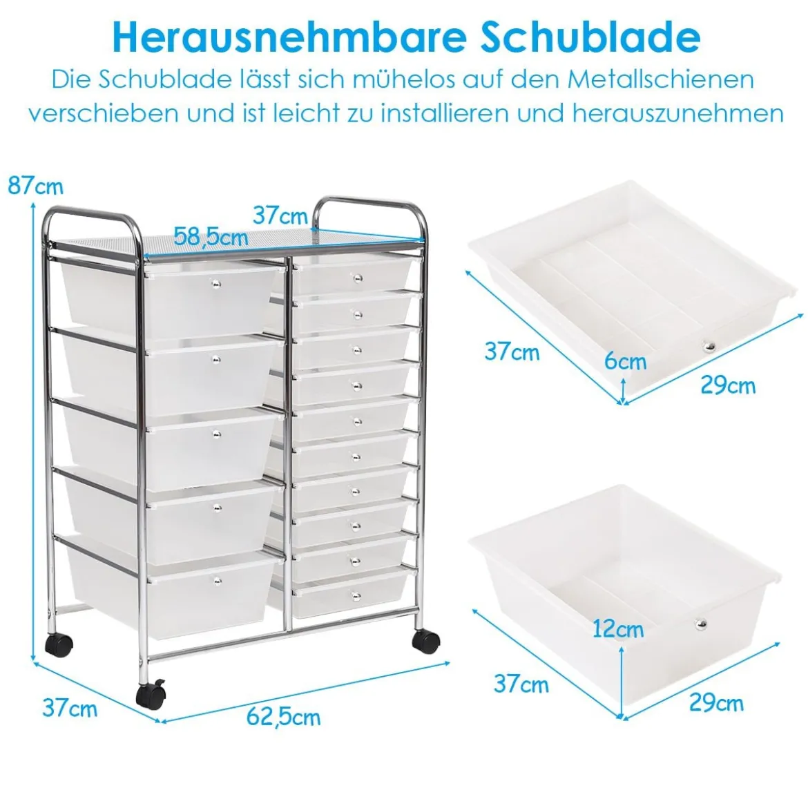 Rollwagen mit 15 stapelbaren Schubladen Rollcontainer Beistellwagen mit 15 Schubladen