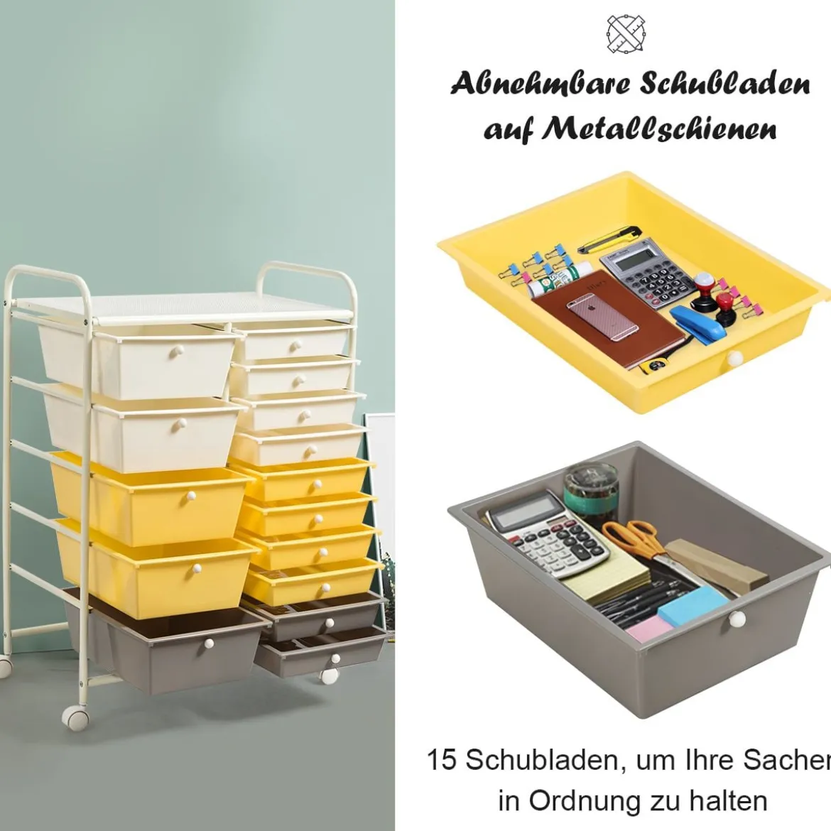 Rollwagen mit 15 stapelbaren Schubladen Rollcontainer Beistellwagen mit 15 Schubladen