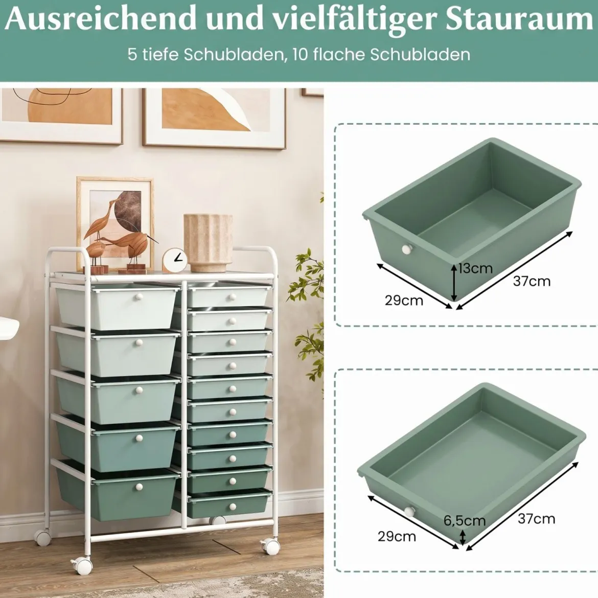 Rollwagen mit 15 stapelbaren Schubladen Rollcontainer Beistellwagen mit 15 Schubladen