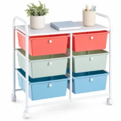 Rollwagen Rollcontainer mit 6 Schubladen aus Kunststoff & 2 Griffen 63,5 x 38 x 66 cm Bunt