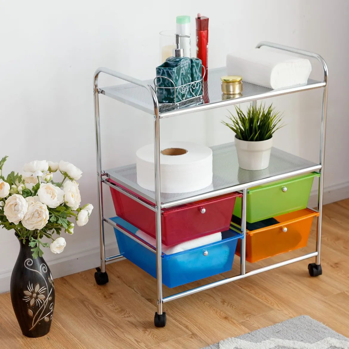 Rollwagen 4 Schubladen Bad Rollcontainer Küchenwagen mit Rollen 58,5 x 37 x75 cm