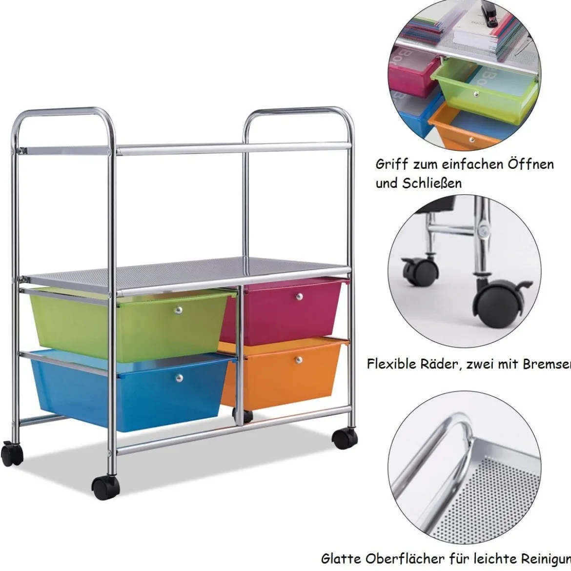 Rollwagen 4 Schubladen Bad Rollcontainer Küchenwagen mit Rollen 58,5 x 37 x75 cm