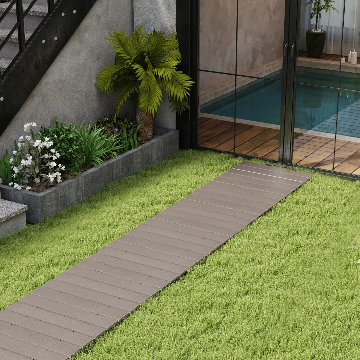 Rollweg aus HDPE 242 x 55cm Gehweg ausrollbar Gartenweg wetterfest Gehwegplatte Trittplatte für Hochzeit Grau