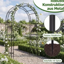 Rosenbogen aus Pulverbeschichtetem Metall Rankbogen mit Erdankern Stabiler Gartenbogen 138 x 59 x 213 cm