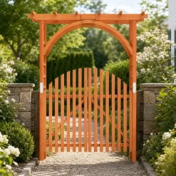 Rosenbogen Holz Rankbogen aus Tannenholz mit Hängedach & Rankgitter 161 x 60 x 216 cm Orange