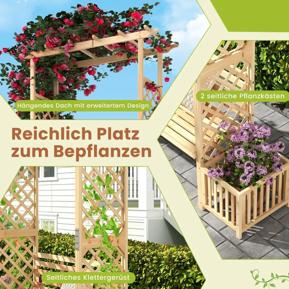 Rosenbogen mit Bank & 2 Pflanzkübel Holz 2-Sitzer Gartenbank mit Rankhilfe Gartenbogen Natur