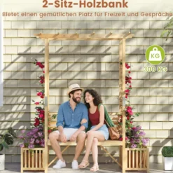 Rosenbogen mit Bank & 2 Pflanzkübel Holz 2-Sitzer Gartenbank mit Rankhilfe Gartenbogen Natur