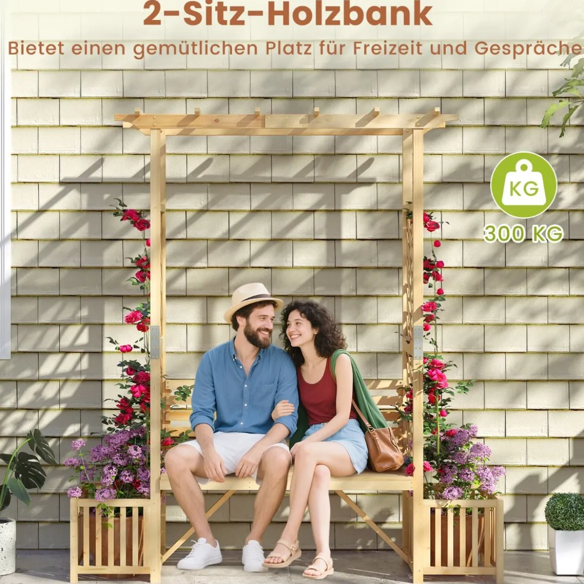 Rosenbogen mit Bank & 2 Pflanzkübel Holz 2-Sitzer Gartenbank mit Rankhilfe Gartenbogen Natur