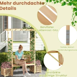 Rosenbogen mit Bank & 2 Pflanzkübel Holz 2-Sitzer Gartenbank mit Rankhilfe Gartenbogen Natur