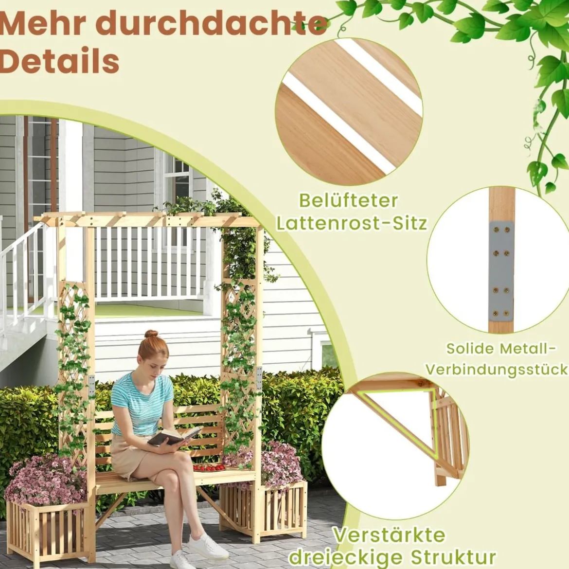 Rosenbogen mit Bank & 2 Pflanzkübel Holz 2-Sitzer Gartenbank mit Rankhilfe Gartenbogen Natur