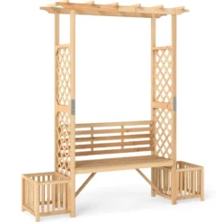 Rosenbogen mit Bank & 2 Pflanzkübel Holz 2-Sitzer Gartenbank mit Rankhilfe Gartenbogen Natur
