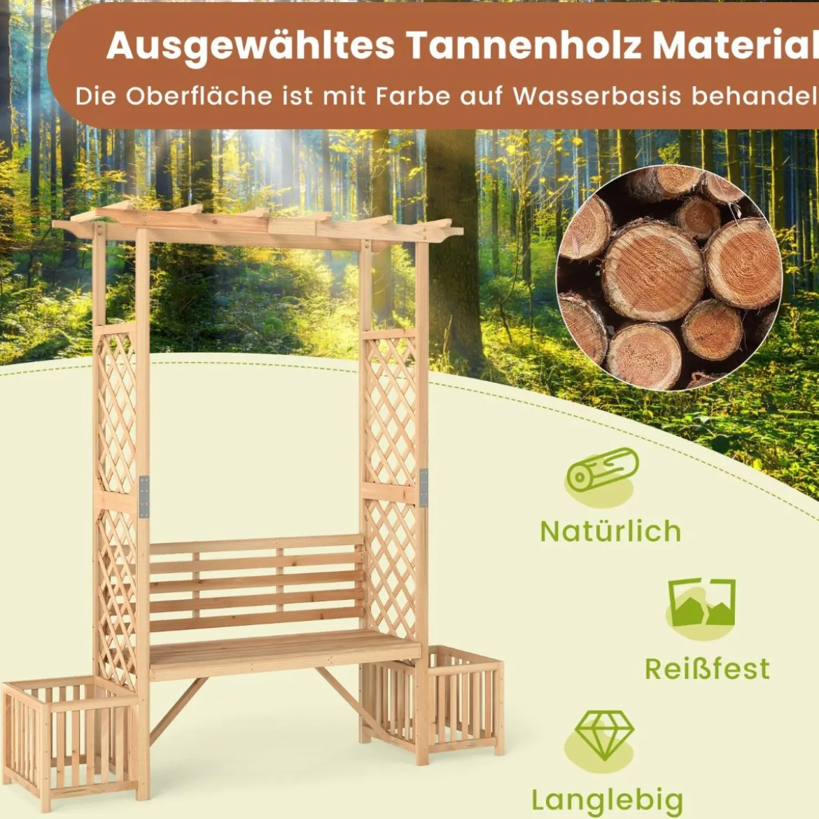 Rosenbogen mit Bank & 2 Pflanzkübel Holz 2-Sitzer Gartenbank mit Rankhilfe Gartenbogen Natur
