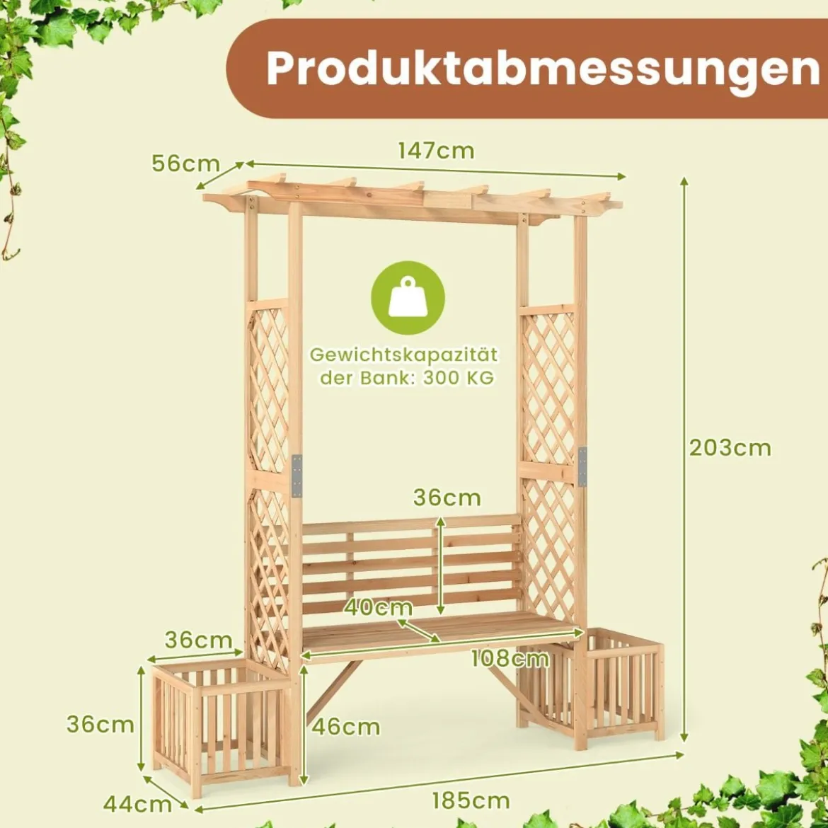 Rosenbogen mit Bank & 2 Pflanzkübel Holz 2-Sitzer Gartenbank mit Rankhilfe Gartenbogen Natur