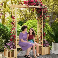 Rosenbogen mit Bank & 2 Pflanzkübel Holz 2-Sitzer Gartenbank mit Rankhilfe Gartenbogen Natur