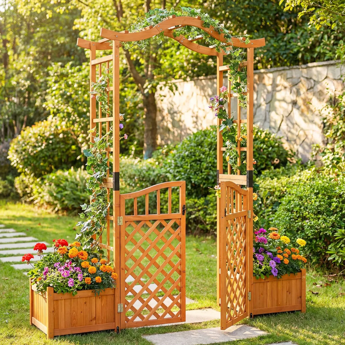 Rosenbogen mit 2 Pflanzkasten Blumenbogen aus Tannenholz Gartenbogen mit Rankgitter 183x18x210 cm