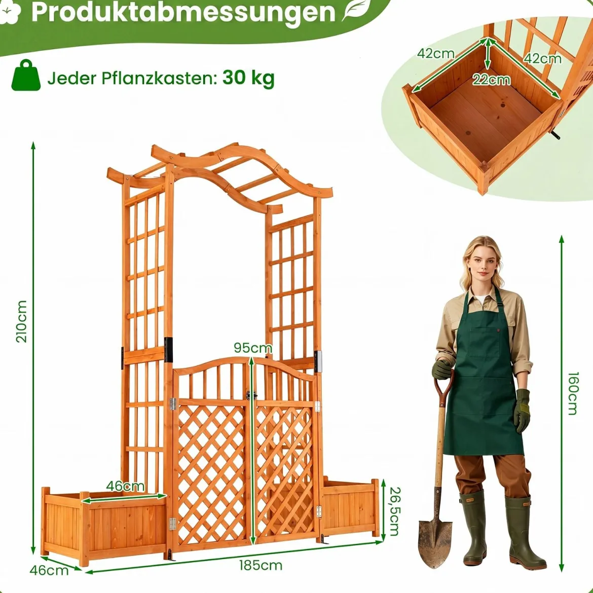 Rosenbogen mit 2 Pflanzkasten Blumenbogen aus Tannenholz Gartenbogen mit Rankgitter 183x18x210 cm