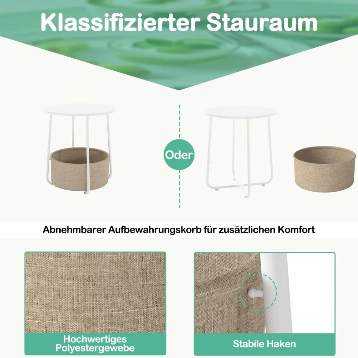 Rund Beistelltisch mit Aufbewahrungskorb Klein Sofatisch Modern Couchtisch Nachttisch Weiß
