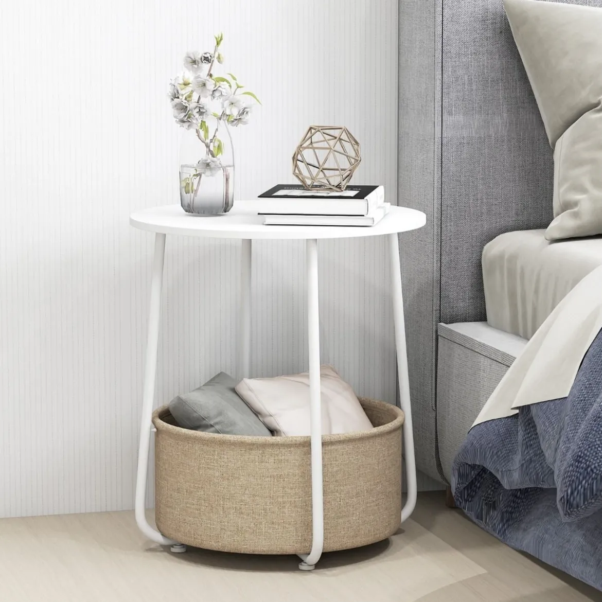 Rund Beistelltisch mit Aufbewahrungskorb Klein Sofatisch Modern Couchtisch Nachttisch Weiß