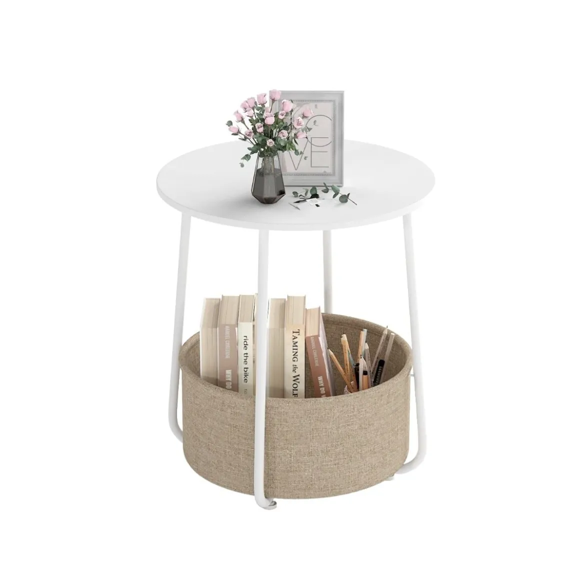 Rund Beistelltisch mit Aufbewahrungskorb Klein Sofatisch Modern Couchtisch Nachttisch Weiß