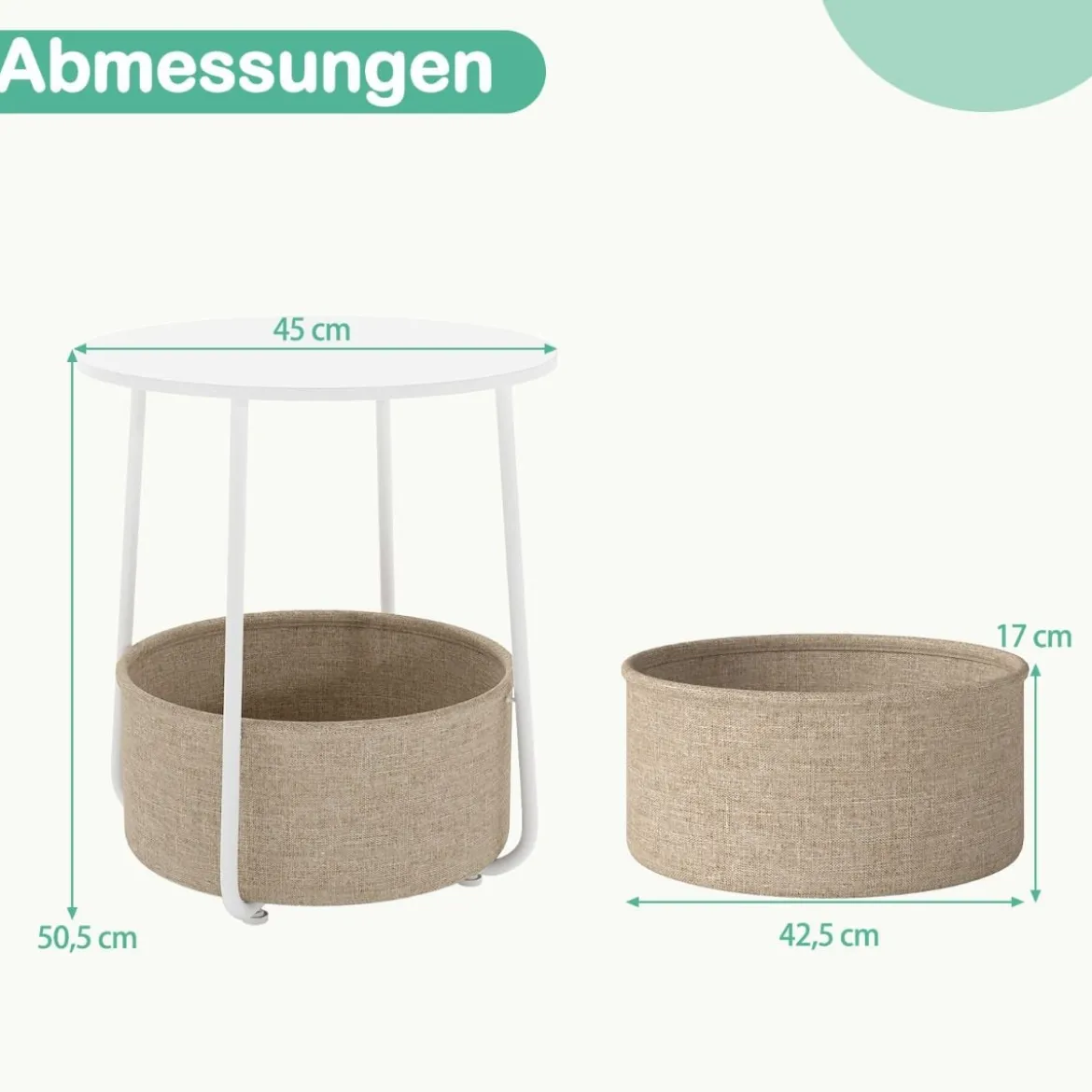 Rund Beistelltisch mit Aufbewahrungskorb Klein Sofatisch Modern Couchtisch Nachttisch Weiß