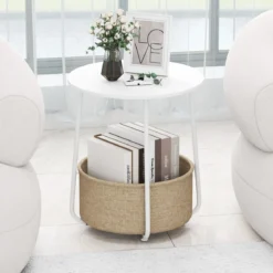 Rund Beistelltisch mit Aufbewahrungskorb Klein Sofatisch Modern Couchtisch Nachttisch Weiß