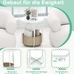 Rund Beistelltisch mit Aufbewahrungskorb Klein Sofatisch Modern Couchtisch Nachttisch Weiß