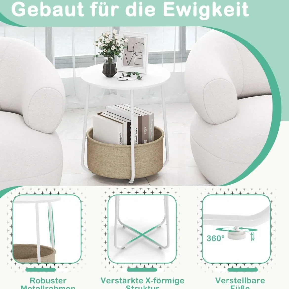 Rund Beistelltisch mit Aufbewahrungskorb Klein Sofatisch Modern Couchtisch Nachttisch Weiß