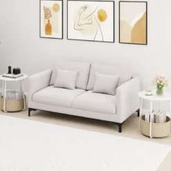 Rund Beistelltisch mit Aufbewahrungskorb Klein Sofatisch Modern Couchtisch Nachttisch Weiß