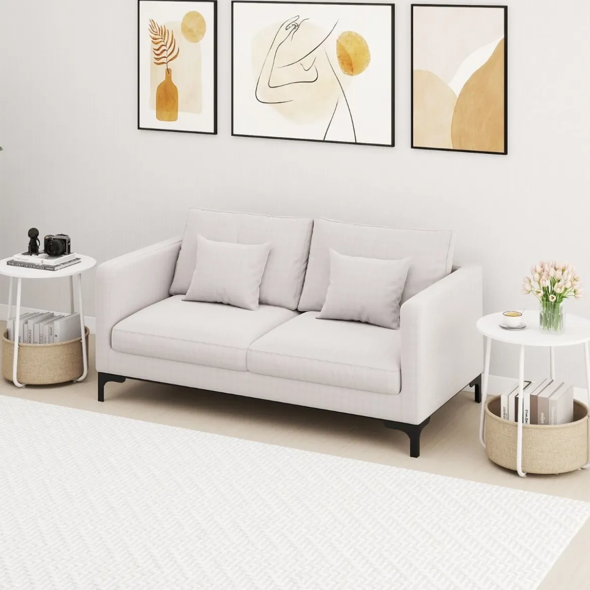 Rund Beistelltisch mit Aufbewahrungskorb Klein Sofatisch Modern Couchtisch Nachttisch Weiß