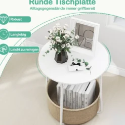 Rund Beistelltisch mit Aufbewahrungskorb Klein Sofatisch Modern Couchtisch Nachttisch Weiß