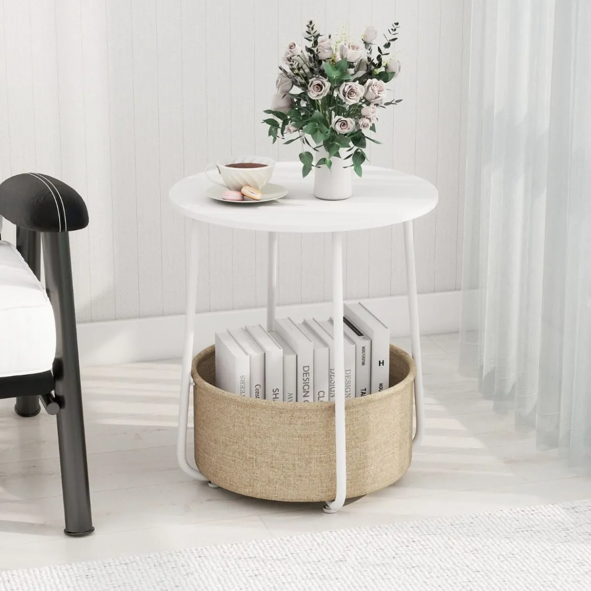 Rund Beistelltisch mit Aufbewahrungskorb Klein Sofatisch Modern Couchtisch Nachttisch Weiß