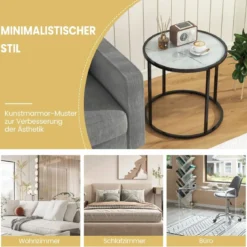 Runder Beistelltisch mit Marmorimitation Glasplatte & Verstellbaren Füßen Sofatisch