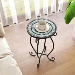 Runder Beistelltisch Mosaiktisch aus Metall & Keramik ∅30 x 50 cm für Balkon Terrasse Garten