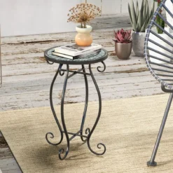 Runder Beistelltisch Mosaiktisch aus Metall & Keramik ∅30 x 50 cm für Balkon Terrasse Garten