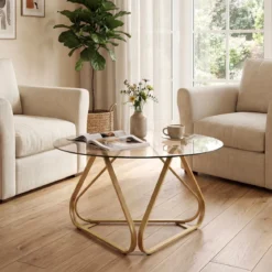Runder Couchtisch mit Gehärtetem Glas & Metallrahmen Moderner Glastisch Beistelltisch Golden