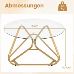 Runder Couchtisch mit Gehärtetem Glas & Metallrahmen Moderner Glastisch Beistelltisch Golden