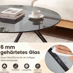 Runder Couchtisch mit Gehärtetem Glas & Metallrahmen Moderner Glastisch Beistelltisch Schwarz