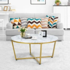 Runder Couchtisch mit Weißem Marmor MDF Oberseite & Goldem Metallrahmen 90 x 90 x 42 cm