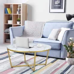 Runder Couchtisch mit Weißem Marmor MDF Oberseite & Goldem Metallrahmen 90 x 90 x 42 cm