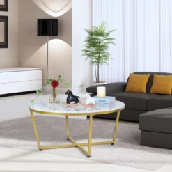 Runder Couchtisch mit Weißem Marmor MDF Oberseite & Goldem Metallrahmen 90 x 90 x 42 cm