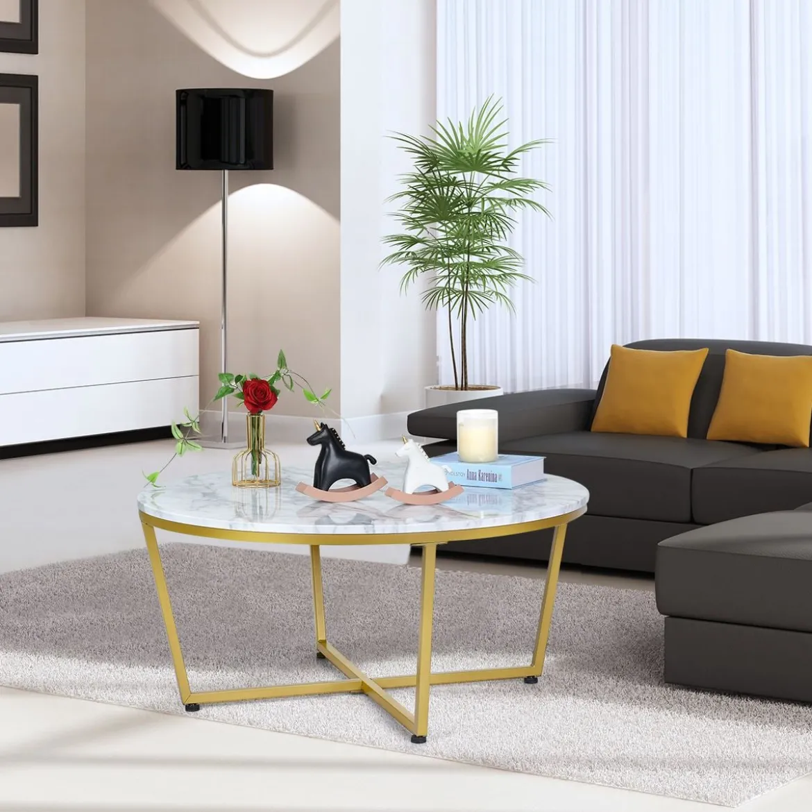 Runder Couchtisch mit Weißem Marmor MDF Oberseite & Goldem Metallrahmen 90 x 90 x 42 cm