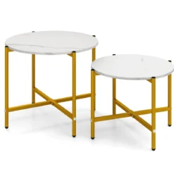 Runder Couchtisch Set mit Metallrahmen Stapelbare CouchtischeBeistelltisch Set Weiß