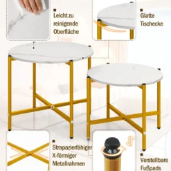Runder Couchtisch Set mit Metallrahmen Stapelbare CouchtischeBeistelltisch Set Weiß
