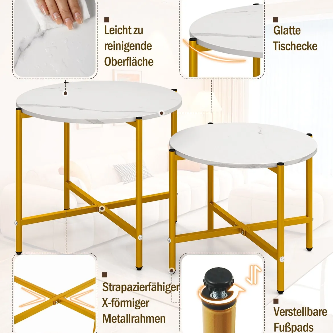 Runder Couchtisch Set mit Metallrahmen Stapelbare CouchtischeBeistelltisch Set Weiß