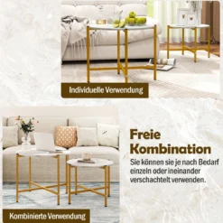 Runder Couchtisch Set mit Metallrahmen Stapelbare CouchtischeBeistelltisch Set Weiß